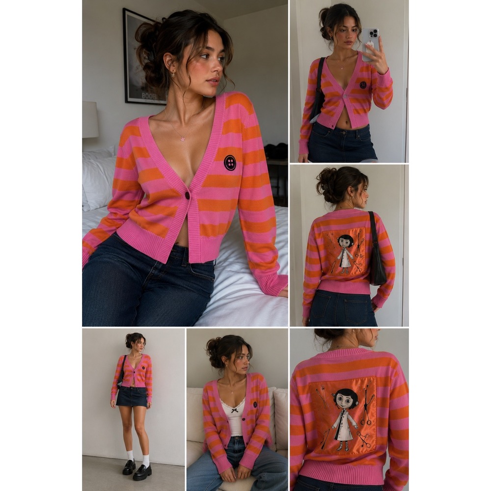Coraline Other Mother Pink Orange Striped Cardigan Sweater Spirit Small